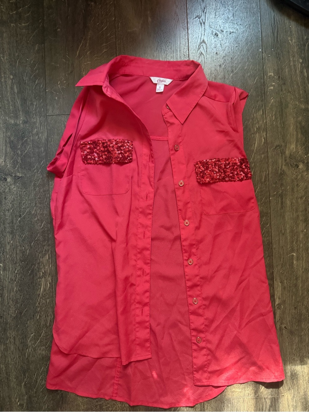 Candie's Red Sleeveless Button-Up Top with Sequin Pockets